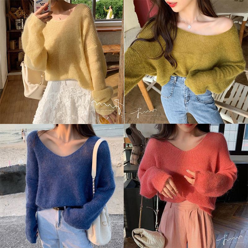 Áo sweater nữ tay dài cổ chữ V màu trơn