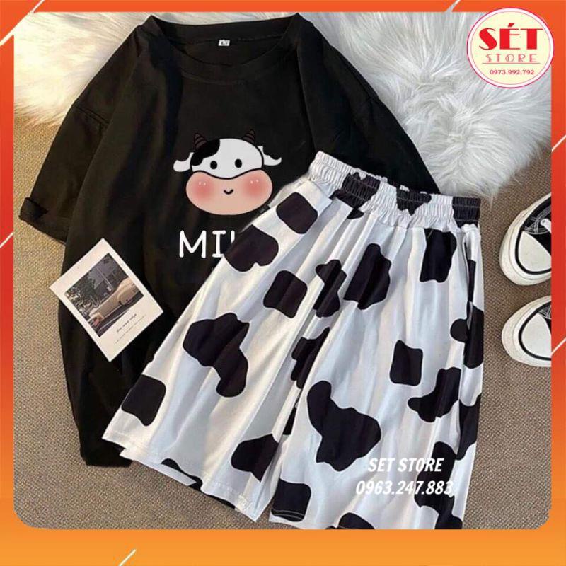 Set đồ nữ áo bò sữa unisex + quần đùi - 3 màu Đen,Trắng,Loang sữa SB133