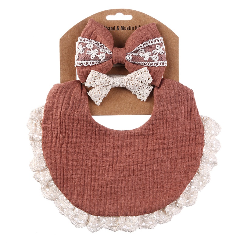 Set Khăn Yếm + Yếm Ăn + Băng Đô Bằng Vải Cotton Mềm Phối Ren Dành Cho Bé Sơ Sinh
