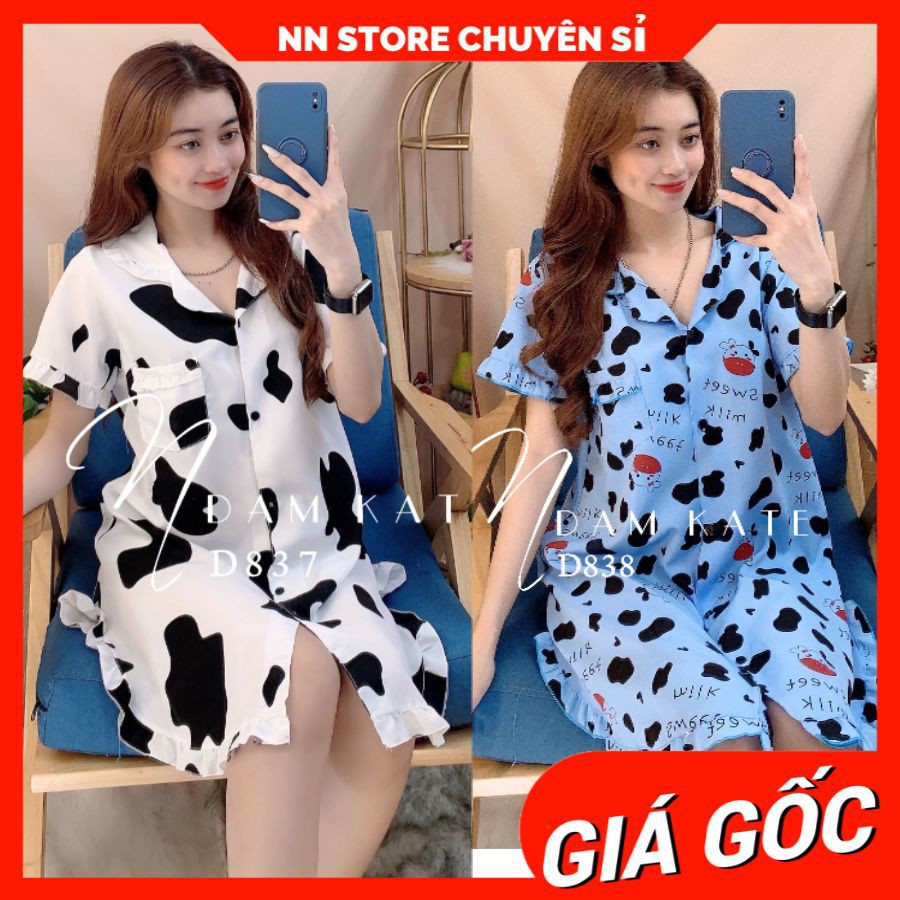 Đầm ngủ bò sữa phom to 55kg vải kate mềm họa tiết bò sữa dễ thương