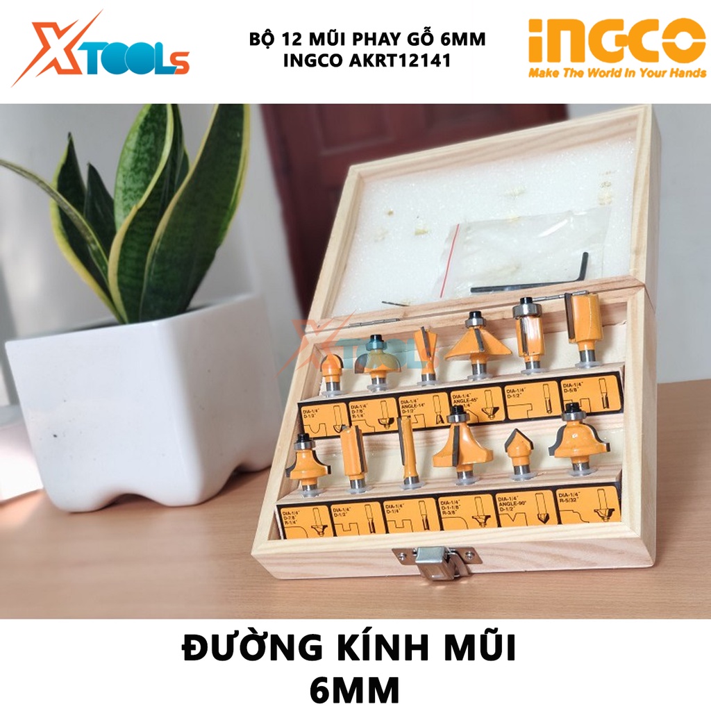 Bộ 12 mũi phay gỗ INGCO AKRT12141 bộ dao phay gỗ 12 chi tiết Đường kính mũi 6.3mm, cắt, khoan, đục vật liệu kim loại, gỗ