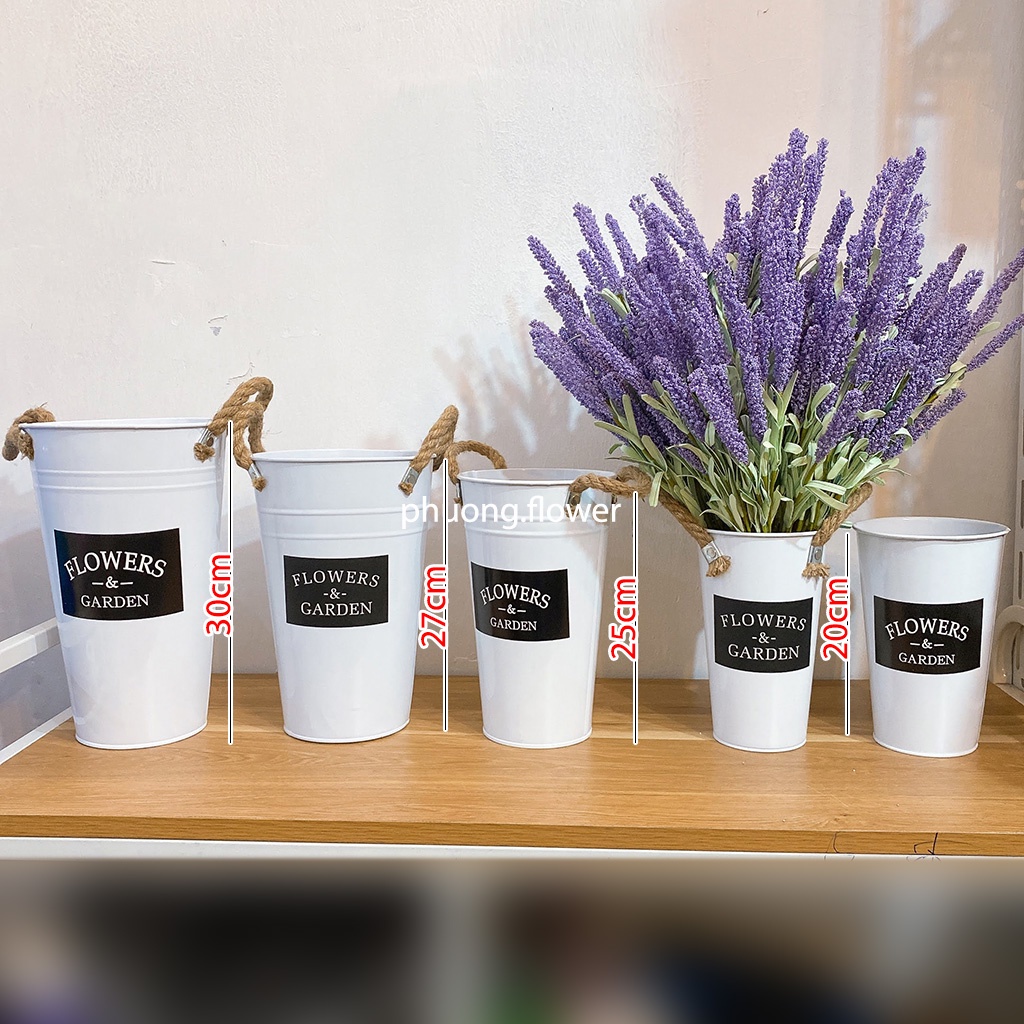 Chậu sắt xô cắm hoa bình kim loại decor vintage trang trí nhiều mẫu size sơn tĩnh điện in chữ Garden sáng bóng bền đẹp