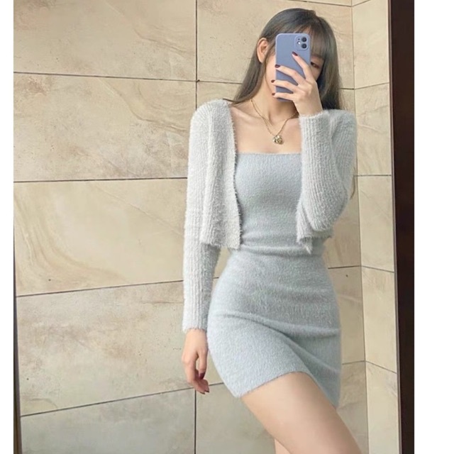 Set áo khoác + đầm lông xám phong cách ulzzang