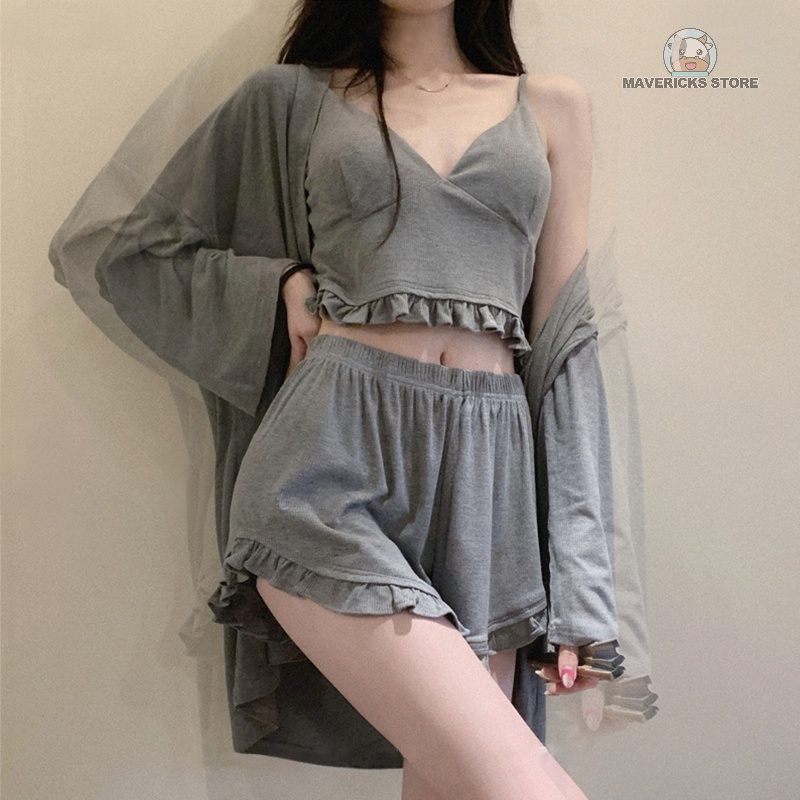 Set đồ ngủ hai dây + áo khoác + quần dài màu xám quyến rũ cho nữ