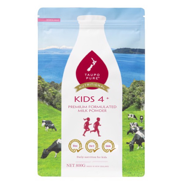 Sữa Taupo Kid 4+ thiết kế công thức đầy đủ dưỡng chất cho trẻ từ 4 tuổi bịch 800g