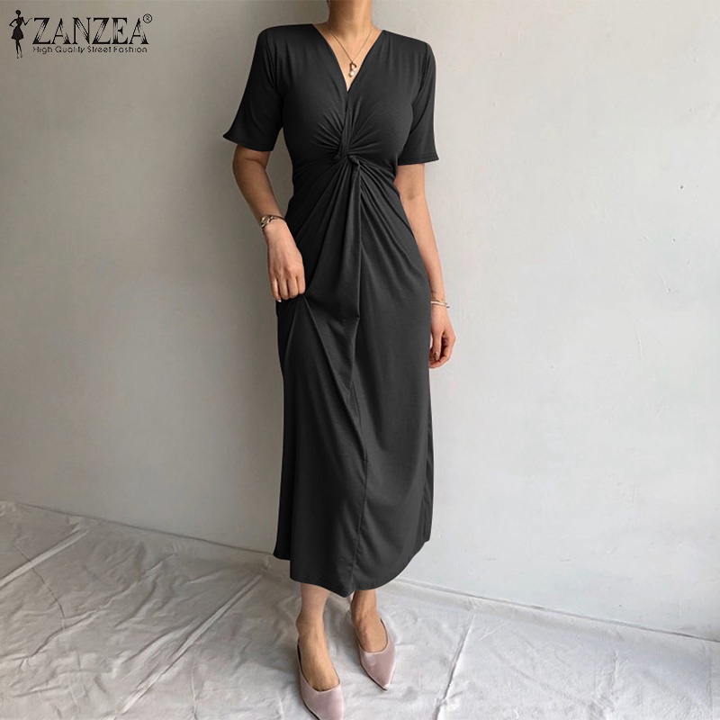 Đầm dài Zanzea ngắn tay cổ chữ V phong cách Hàn Quốc thời trang cho nữ