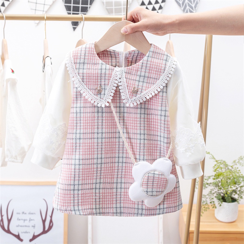 Đầm IELGY bằng cotton tay dài cổ chữ V họa tiết kẻ caro phong cách Hàn Quốc dễ thương cho bé gái