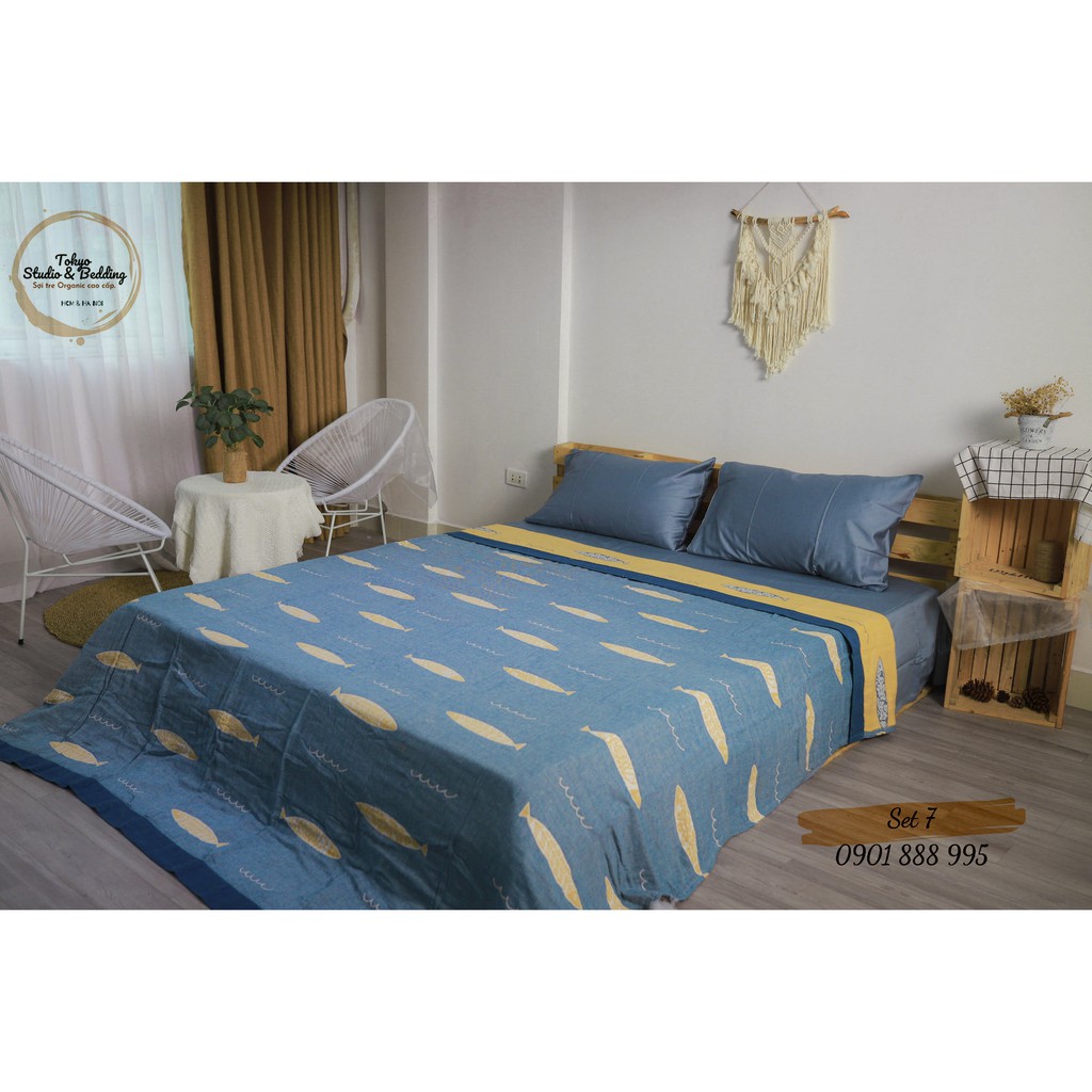 Set 07 _Chăn Xô Cotton Sợi tre Organic dòng Basic &amp; Ga gối Lụa