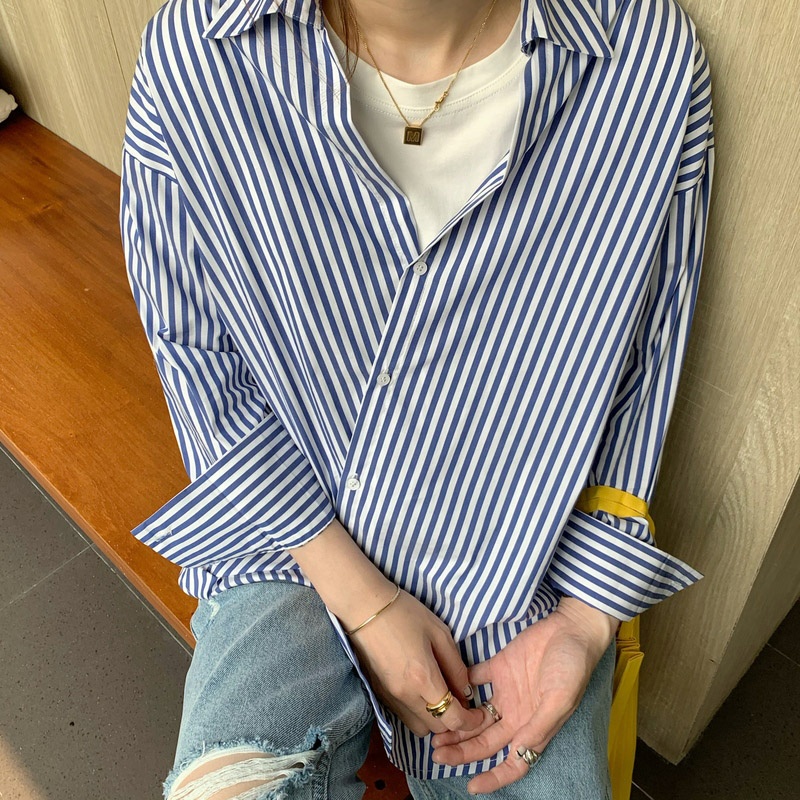 Áo sơ mi dài tay dáng rộng kẻ sọc thời trang mùa thu