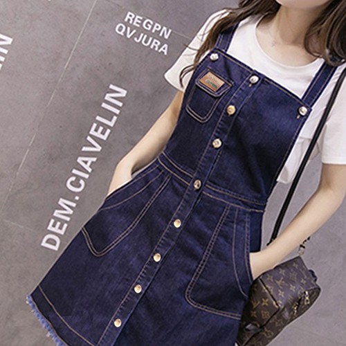 Yếm Jean,Đầm Yếm Jean Nữ,Váy yếm Jean Cài Nút Dọc Phối Túi