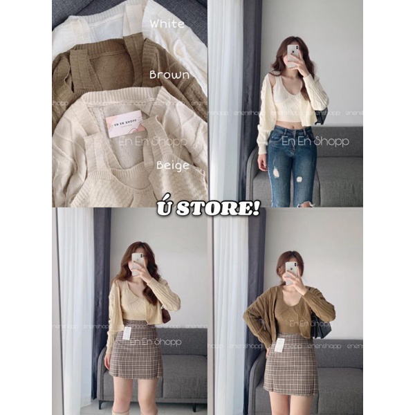 SET ÁO LEN NỮ/ SET ÁO LEN VÂN NỔI 2 CHI TIẾT CROPTOP ( áo dây kèm khoác ngoài+ full 3 màu)