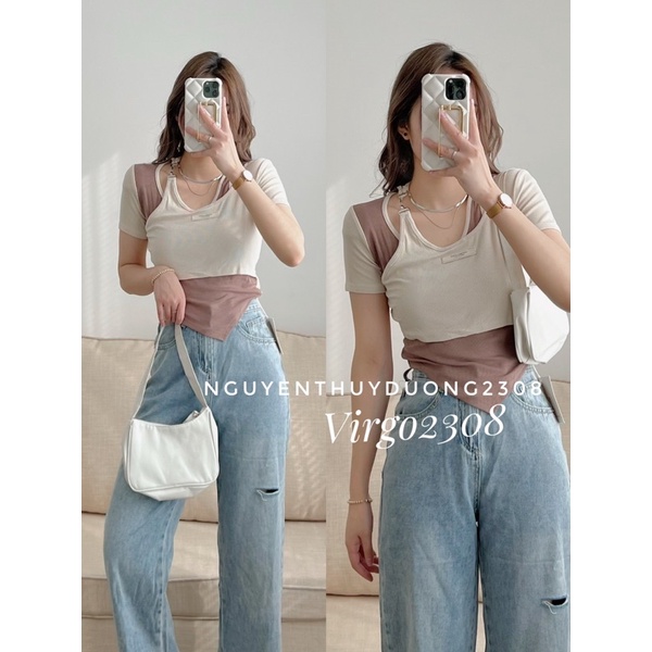 [HÀNG SẴN]SET ÁO LEN KHUY SẮT PHỐI MÀU TÀ LỆCH 0507 HÀNG QUẢNG CHÂU