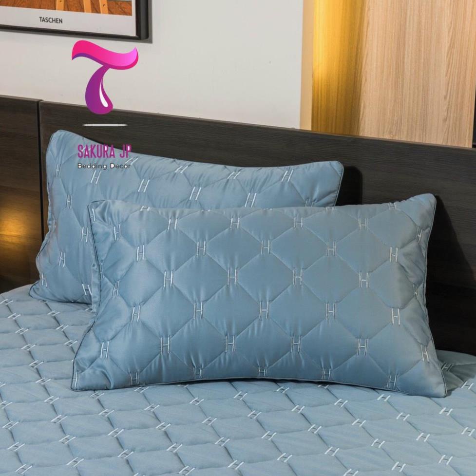 Ga Gối Lụa Sateens Cao Cấp Trần Bông chữ H Đẳng Cấp  Ga Gối Lụa Cotton Chần Bông Sakura JP Bedding Decor