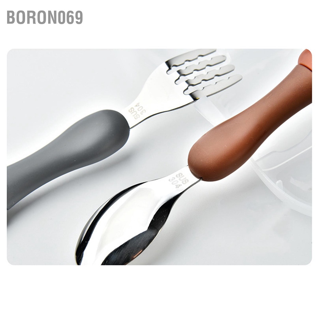 Nĩa cho bé Muỗng tay cầm bằng nhựa Bộ đồ ăn thép không gỉ trẻ em tập Boron069