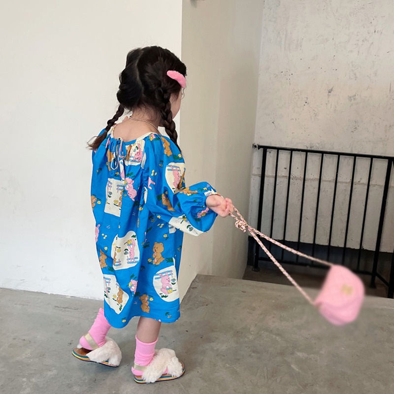 Đầm Công Chúa Tay Phồng Dài Cổ Tròn In Hoạt Hình Gấu Kiểu Hàn Quốc Xinh Xắn Cho Bé Gái