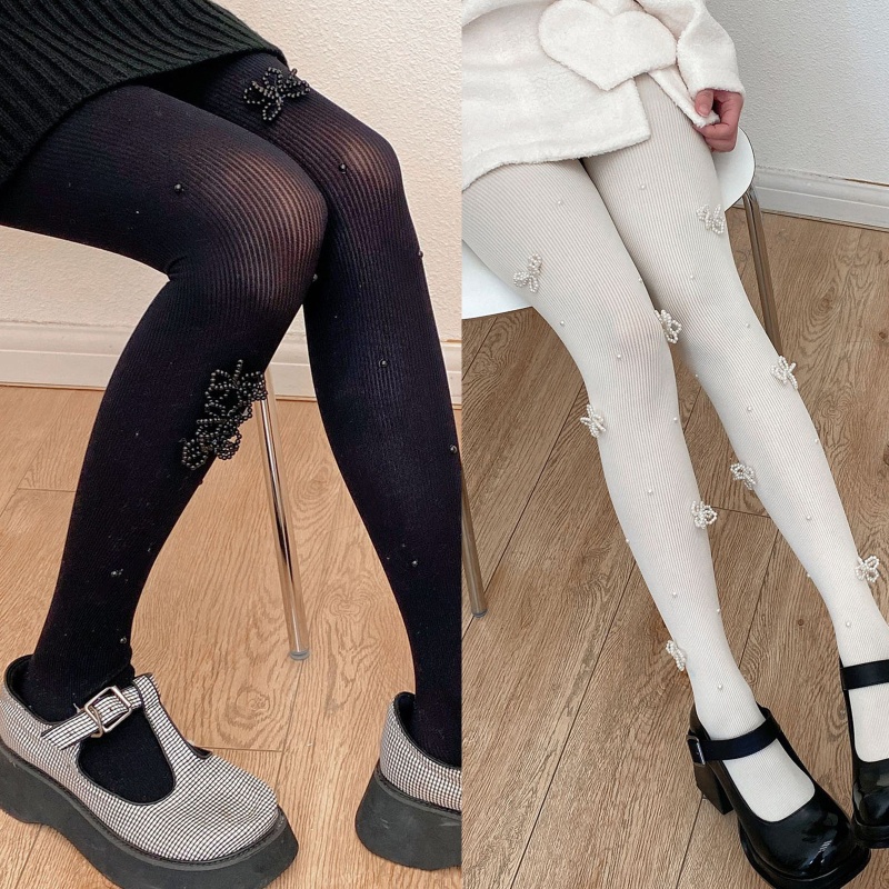 Inn Quần Tất Màu Trơn Đính Hạt Ngọc Trai Giả Có Gân Mùa Thu Phong Cách Lolita Ngọt Ngào Cho Nữ