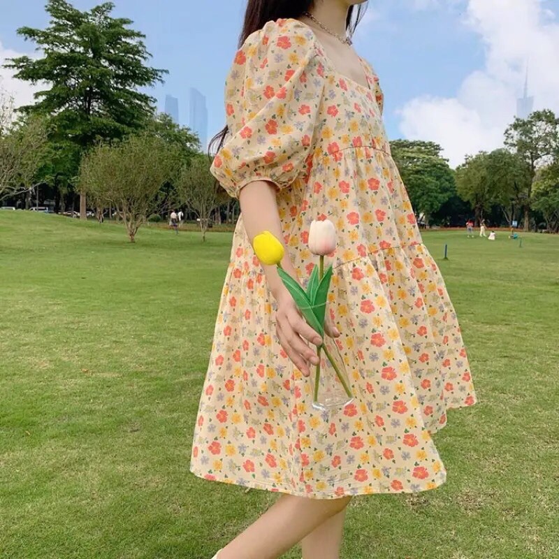 VÁY BABY DOLL HOA NHÍ, CỔ VUÔNG THẮT NƠ TIỂU THƯ | BigBuy360 - bigbuy360.vn