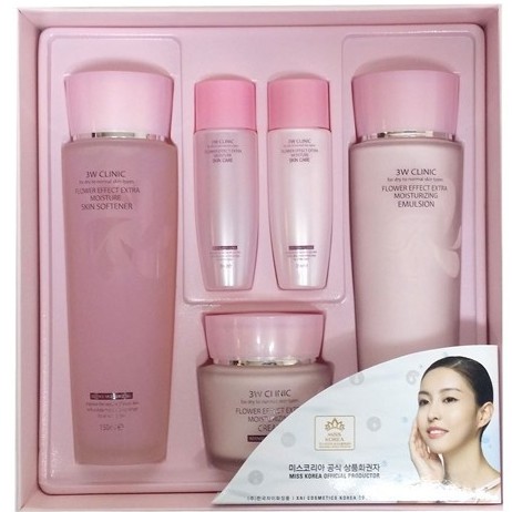 Bộ mỹ phẩm dưỡng trắng da chống lão hóa tinh chất hoa hồng 3W Clinic Flower Effect Extra Moisturizing Skin care Set