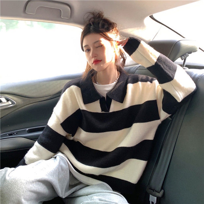 IELGY   Áo Sweater Tay Dài Dáng Rộng Cổ POLO Phối Họa Tiết Kẻ Sọc Plus Size