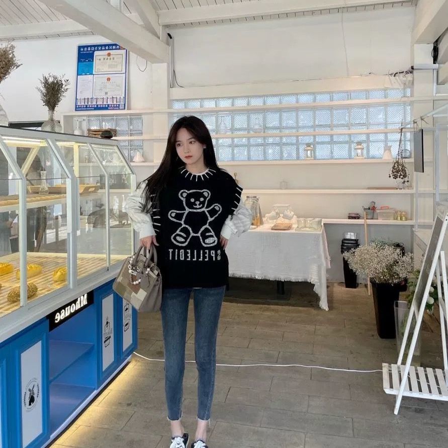 Áo Gi-Lê Len Cổ Tròn Dáng Rộng Thiết Kế Trẻ Trung Hợp Thời Trang