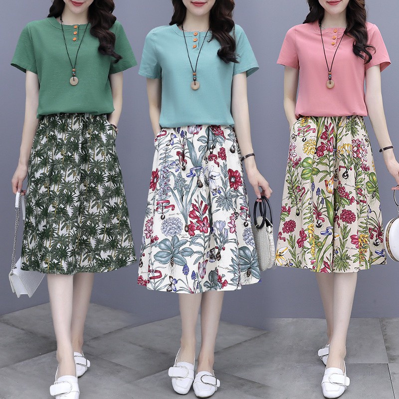 Set áo và chân váy tay ngắn nữ hè vải cotton thô hàng nhập