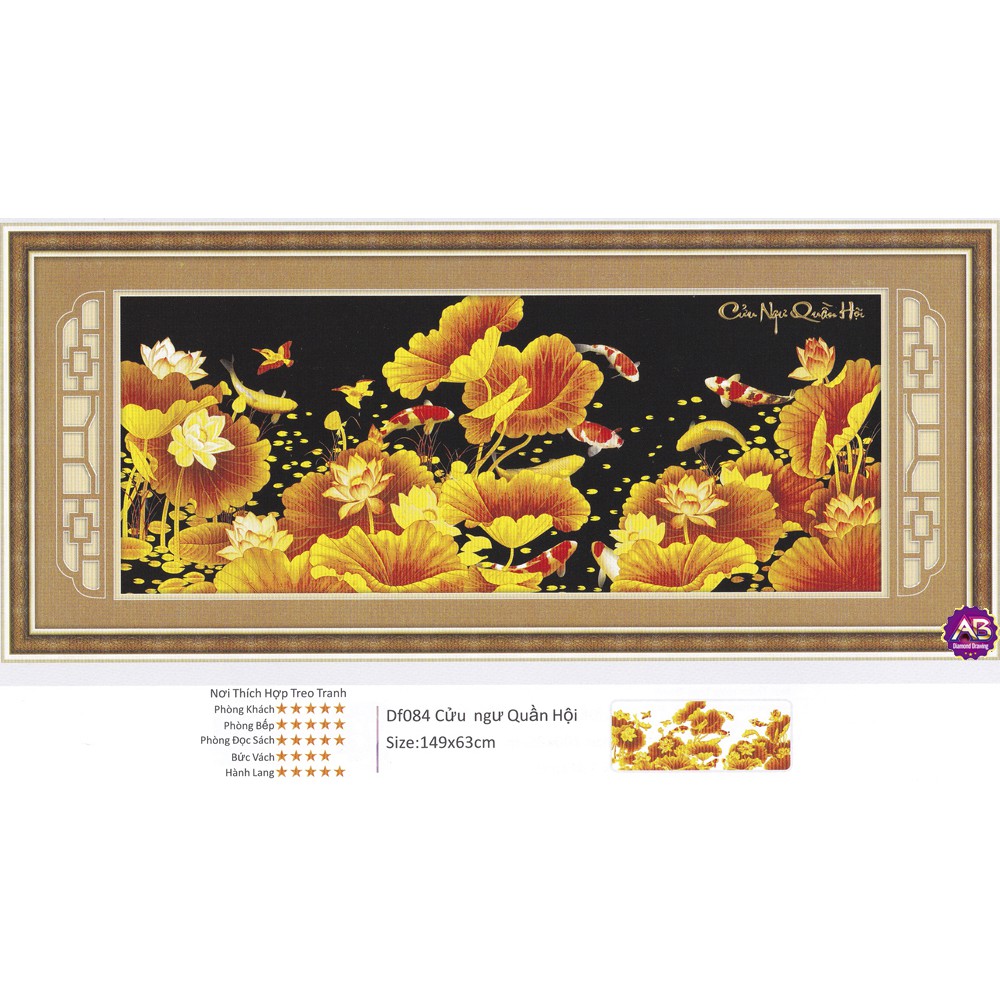 Tranh đính đá ABC cửu ngư quần hội. Kích Thước: 1m50 x 63cm