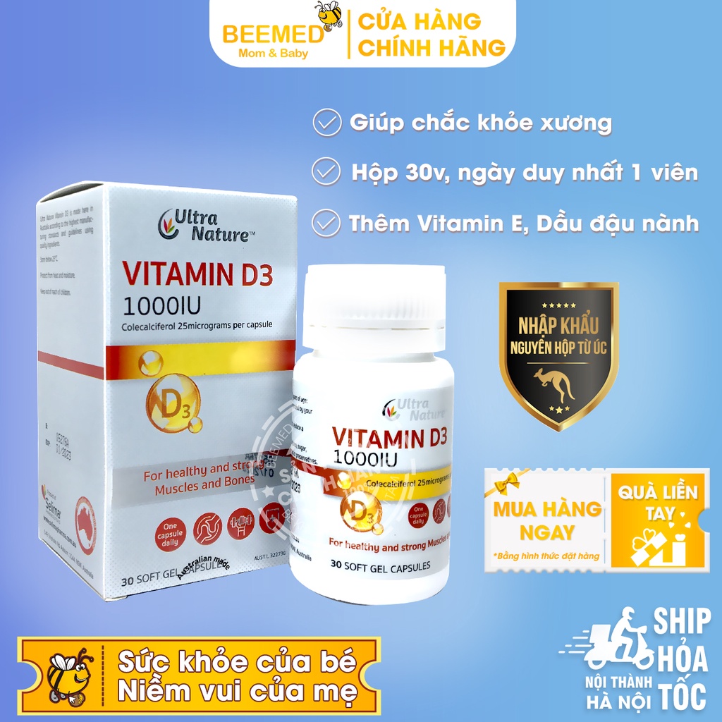 Vitamin D3 1000IU Ultra Nature - Giúp chắc khỏe xương, Tăng cường miễn dịch thêm vitamin E, Dầu đậu nành - Hộp 30 viên