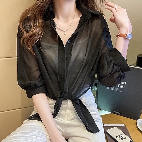 Áo Sơmi Voan Croptop Mỏng Mặc Khoác Ngoài MIMILA Sơ Mi Dài Tay Dáng Rộng Buộc Vạt - MA037