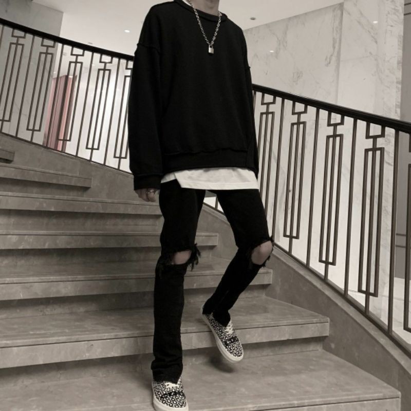 Quần Jean Nam Rách Gối Zipper Co Giãn Phong Cách HIPHOP STREETWEAR - Quần Bò Rách Gối Skinny Dáng Fog Justin Bieber