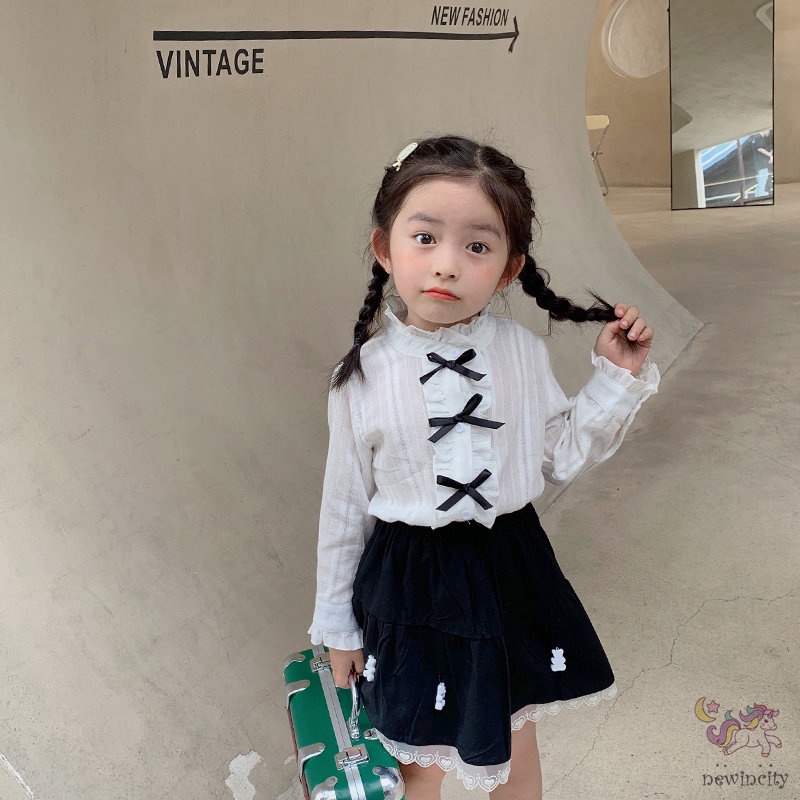 Bộ áo dài tay + chân váy phối ren thời trang cho bé gái