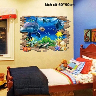 Decal dán tường 3D con cá heo b191