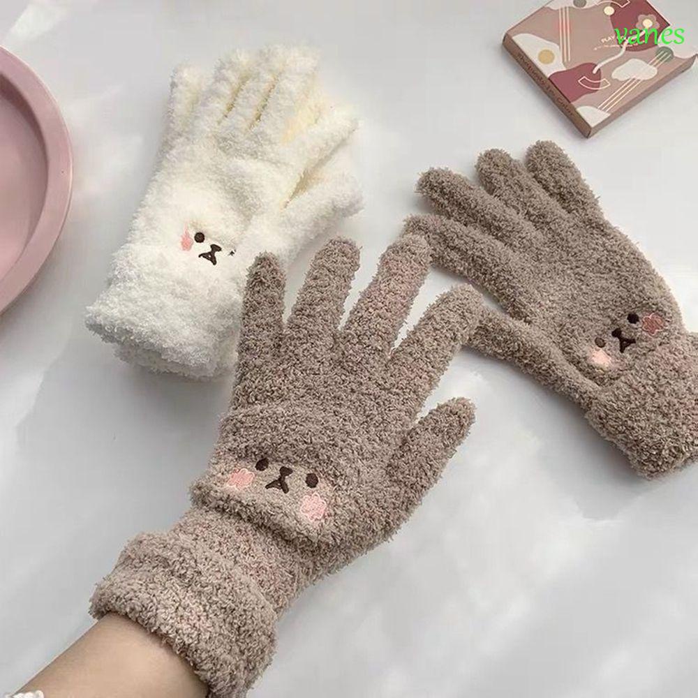 Găng tay len dệt kim VANES1 co giãn mềm mại hình gấu dễ thương cho nữ