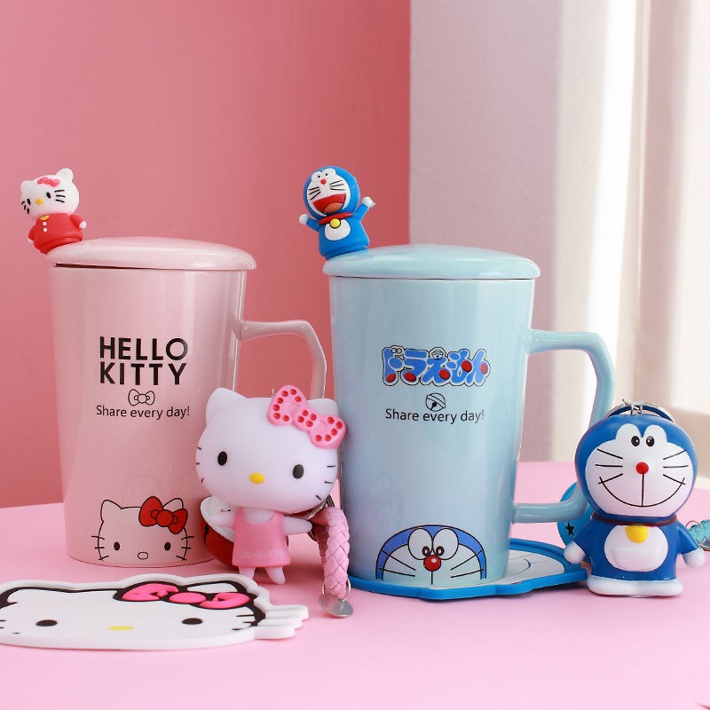 Cốc Sứ Uống Cà Phê Có Nắp Đậy Và Muỗng Hình Hello Kitty / Doremon Đáng Yêu