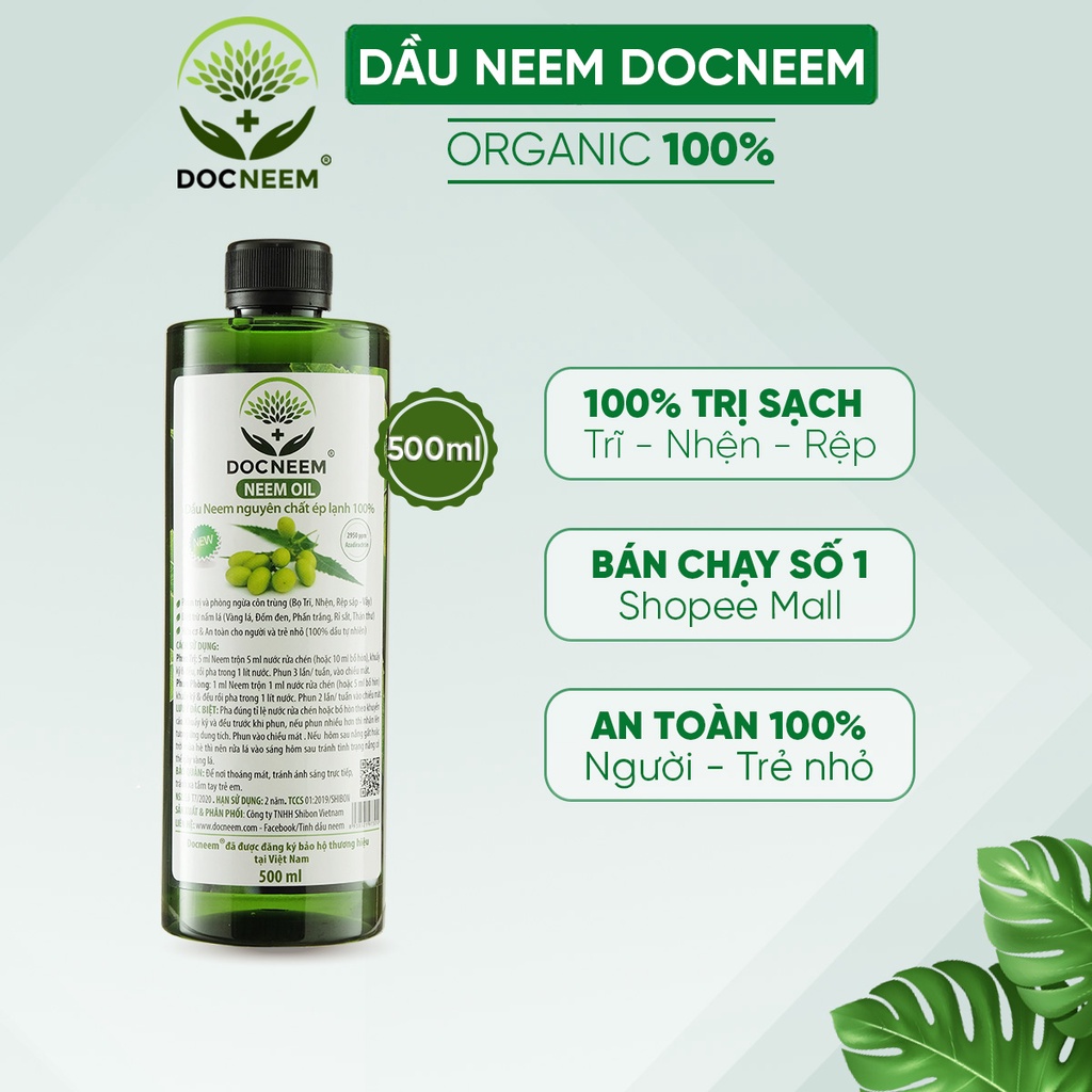 Dầu neem oil DOCNEEM hữu cơ phòng trị sâu bệnh hoa hồng, phong lan, cây cảnh, nguyên chất ép lạnh, hàng chính hãng 500ml