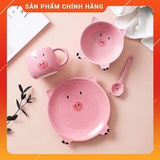 ⚡ freeship ⚡ bộ bát đĩa ăn dặm bằng gốm hình lợn hồng