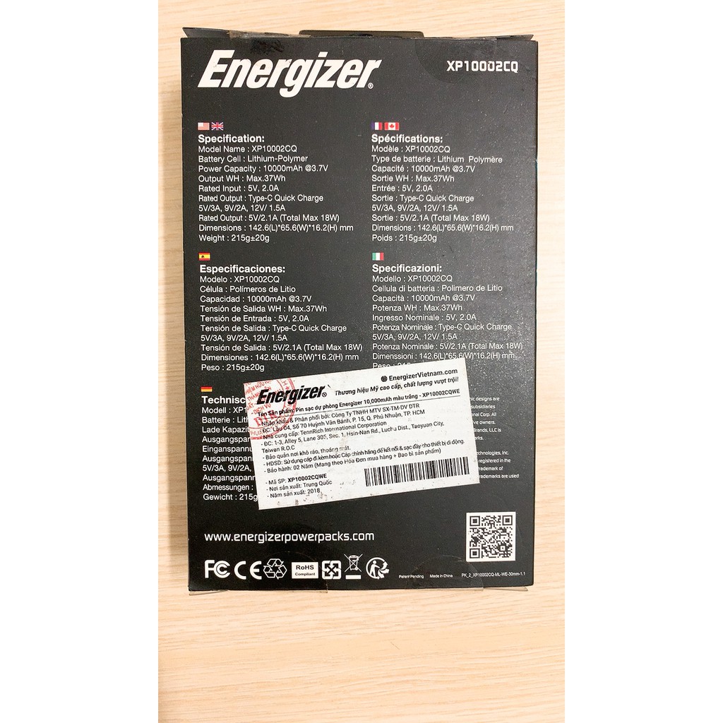 [New full box] - Pin sạc dự phòng Energizer XP 10002CQ 10,000 mAh sạc nhanh 18W Cổng type C