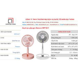 [NFF1617] [GIAN HÀNG UY TÍN] [HÀNG CHÍNH HÃNG] Quạt sạc gấp gọn Nanoco FF1617WN