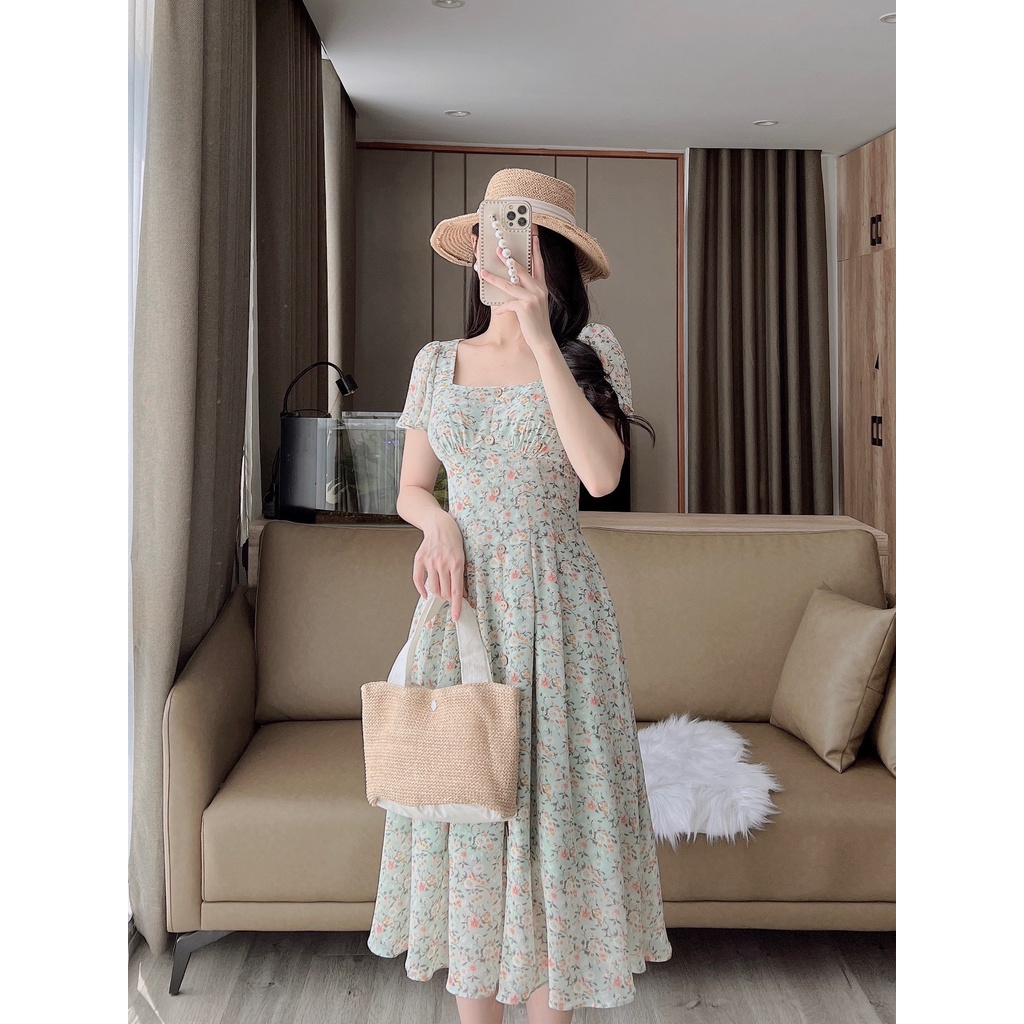 D138 VÁY CỔ VUÔNG HOA XANH