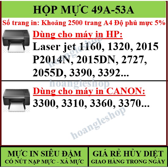 Hộp mực 49A - 53A Dùng Máy Canon 3300, 3370, 3310 - HP 1160, 1320, 3390, 3392, P2015D, P2015N, M2727 - Cartridge 308