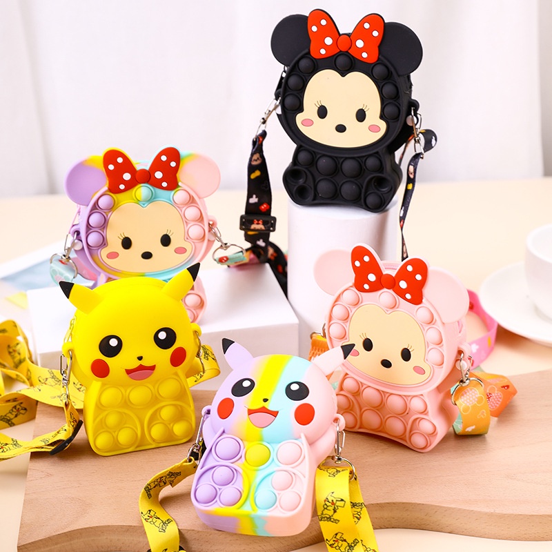 Túi Đeo Chéo Hình Pikachu / Minnie Màu Macaron Dễ Thương Cho Bé