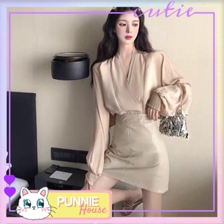 [SẴN ÁO] ♥️ ÁO KIỂU 🎀[ Có Ảnh Thật]🎀 CỔ V ĐẮP CHÉO TAY BỒNG + CHÂN VÁY DA ÔM CẠP CAO ⚜️ SIÊU SANG VÀ THANH LỊCH