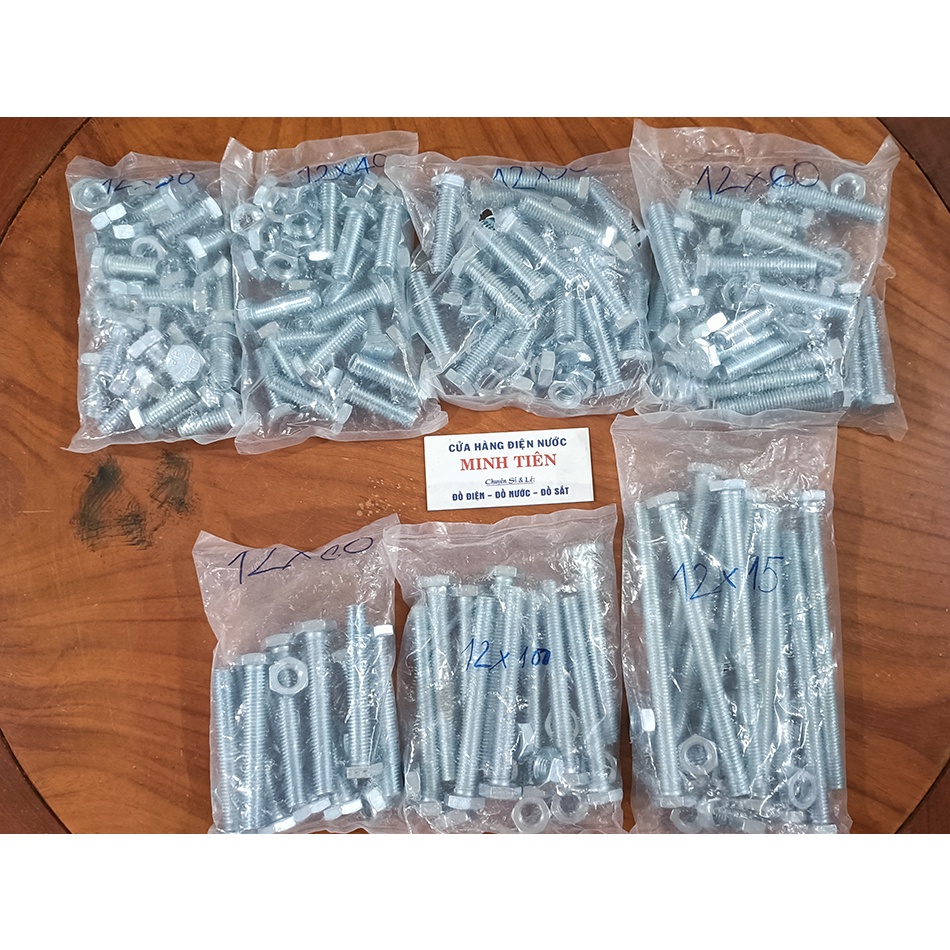 Combo 5 con Bù lon, Bulon con tán 12 ly kích thước 12x30, 12x40, 12x50, 12x60