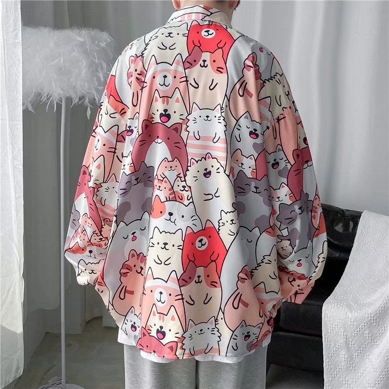 Áo Sơ Mi Nam Dài Tay In Hình Mèo Hoạt Hình Dễ Thương Phong Cách Hàn Quốc