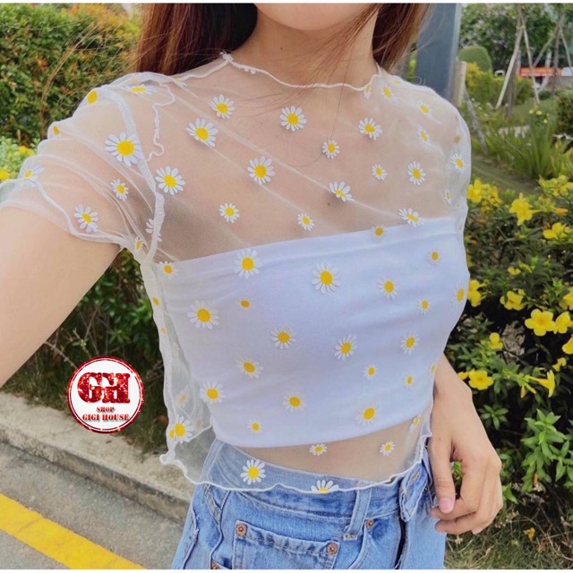 FREESHIP 50K-Set Croptop Lưới Hoa Cúc, Áo Mỏng Trong Suốt Kèm Áo Quây Thun Ôm Body Co Giãn Nữ SIÊU HOT