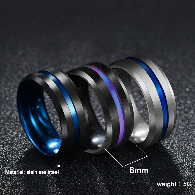 Nhẫn Nam 8Mm Màu Xanh Dương/ Đen Mặt Đường Kẻ Dọc