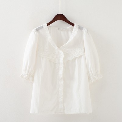 ÁO SƠ MI CỔ V PHỐI BÈO TAY BỒNG