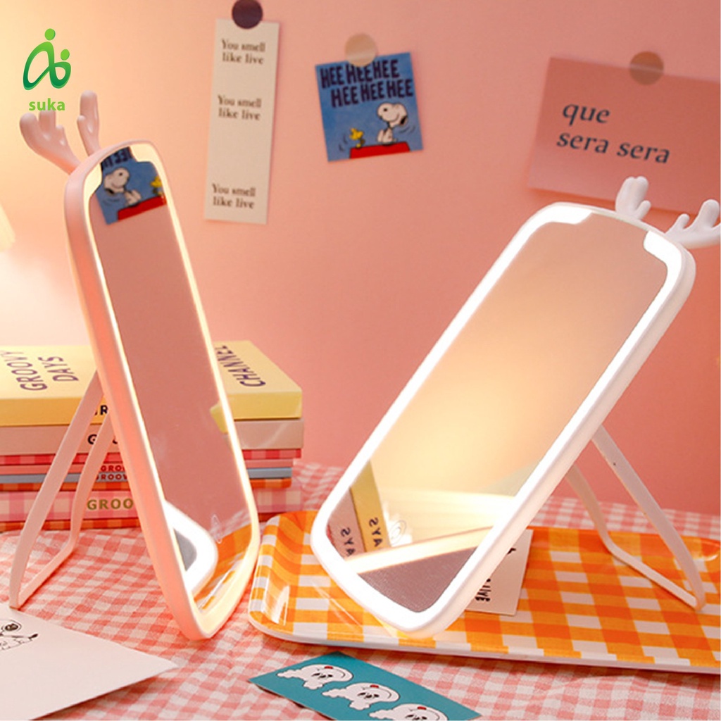 Gương để bàn chữ nhật có đèn led, gương makup trang trí tai tuần lộc dễ thương