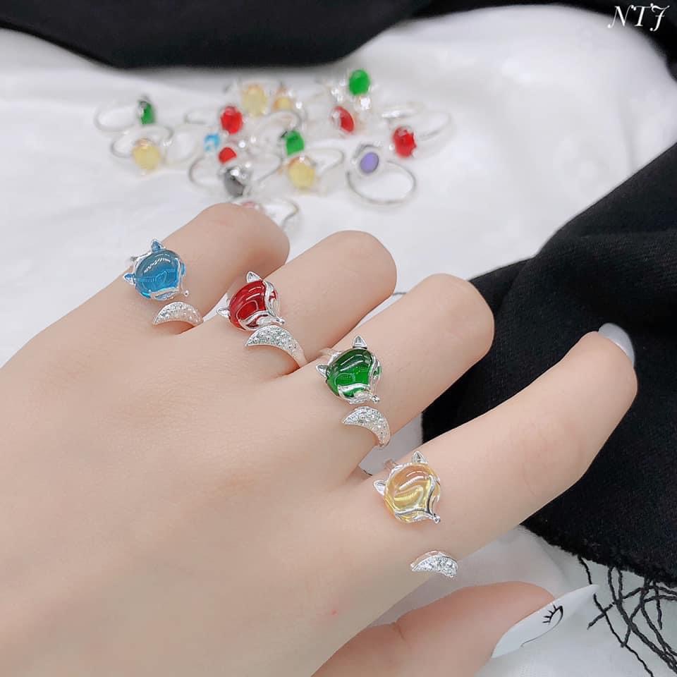 Nhẫn nữ bạc ta mặt hồ ly gắn đá đủ màu theo mệnh - Kho sỉ bạc Nhất Linh