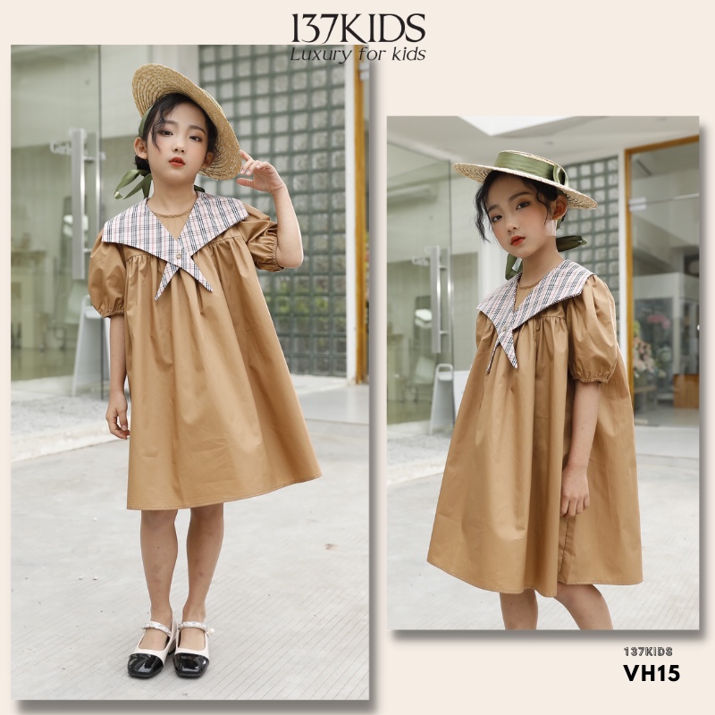 Váy Babydoll bé gái cao cấp thiết kế 137Kids cổ sen nhọn sang chảnh cho bé đi chơi đi dự tiệc