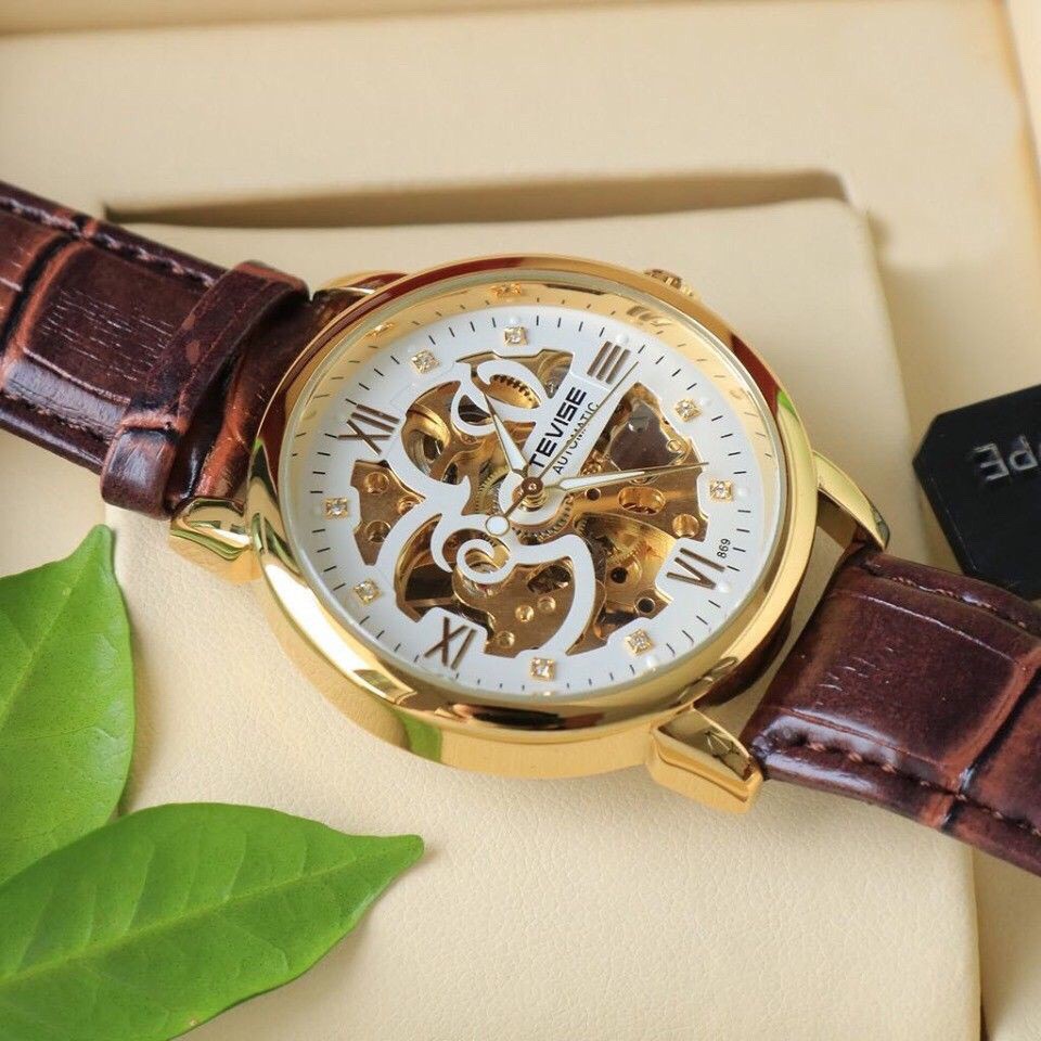 Đồng hồ nam TEVISE cơ lộ máy, mặt trắng dây da nâu máy nhật